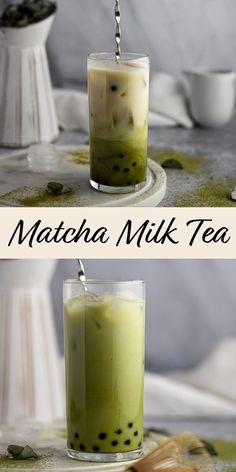 two shots of matcha milk tea on a table with the same drink in it