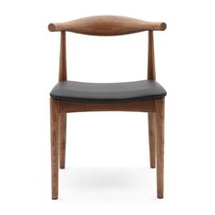 a wooden chair with black leather upholstered seat and backrest, viewed from the front