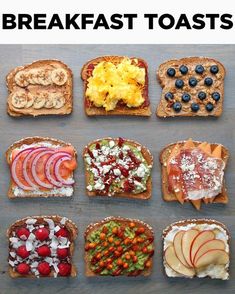 an image of breakfast toasts with fruits and vegetables on them in the shape of sandwiches