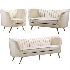 three white couches sitting next to each other