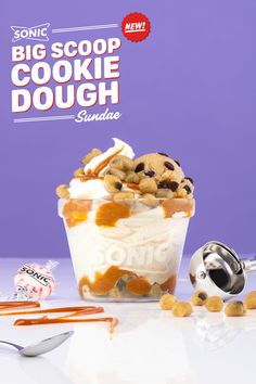 an advertisement for some kind of cookie dough sundae