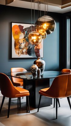 a dining room table with orange chairs around it