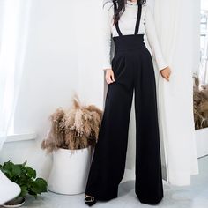 Anne High Waist Wide Leg Overalls | Vivian Seven Suspenders Pants, Wide Leg Overalls, Pants Custom, Suspenders For Women, Black Overalls, Black Wide Leg Pants, Overalls Pants, Black High Waist, Pantalon Large