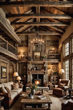 a living room filled with furniture and a fire place in the middle of an open floor plan