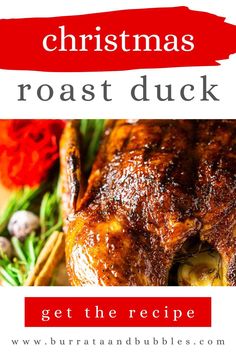 christmas roast duck recipe with text overlay