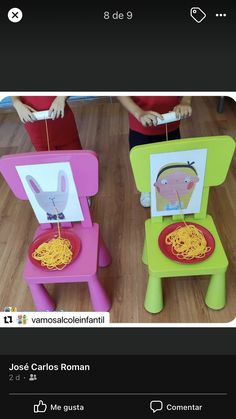 two children's chairs with pictures on them, one has spaghetti in it and the other