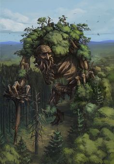 an image of a giant creature in the woods with trees on it's head