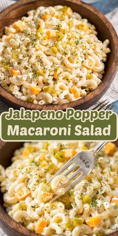 this macaroni salad is loaded with cheese and broccoli in a wooden bowl