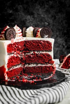 a red velvet cake with oreo cookies on top