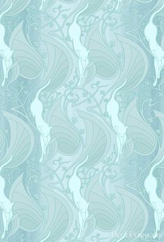 a blue and white wallpaper with swirls in the shape of waves on it