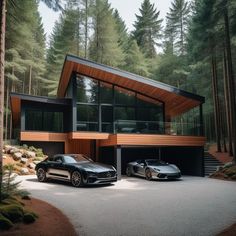 two luxury cars parked in front of a house with wood and glass sidings on the roof