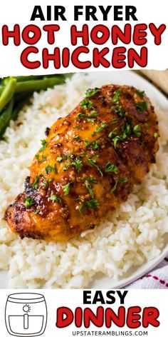 an easy dinner recipe with chicken, rice and broccoli on a white plate