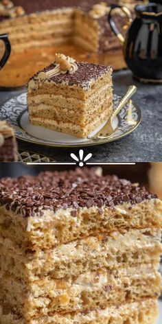 two different layers of cake sitting on top of a plate next to another layer of cake