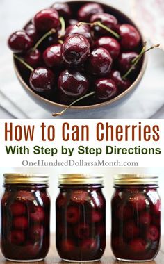 cherries in jars with text overlay how to can cherries with step by step directions