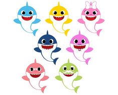 four different colored sharks with big eyes