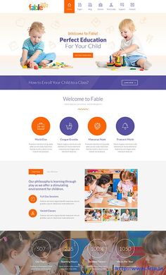 the website for children's toys is shown in purple and orange, with an image of