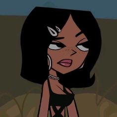 an animated image of a woman with black hair and piercings on her ears, wearing a bra