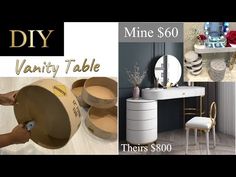 there is a collage of photos with furniture and decor in it, including a vanity table