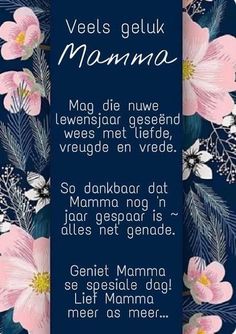 a blue and pink flowered background with the words,'wels geluk mamma