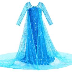 a blue dress with sequins on the bottom and long sleeves, is shown