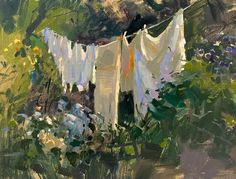 an oil painting of clothes hanging out to dry on a line with flowers in the foreground