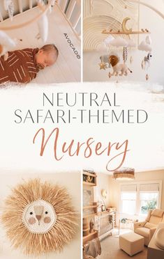 a baby in a crib with the words neutral safari - themed nursery