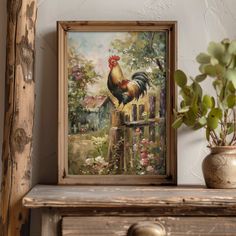 a painting of a rooster on a fence next to a potted plant and vase