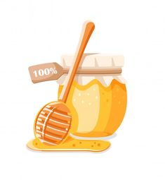 a jar of honey with a wooden spoon and sign that says 100 % on it