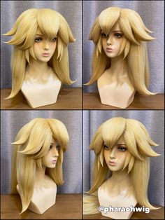 four images of blonde wigs with long hair