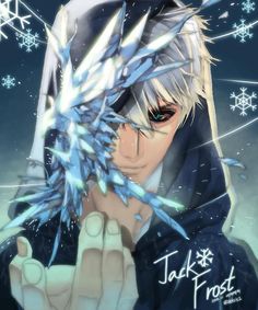 an anime character holding his hands up to his face with snow flakes all around him