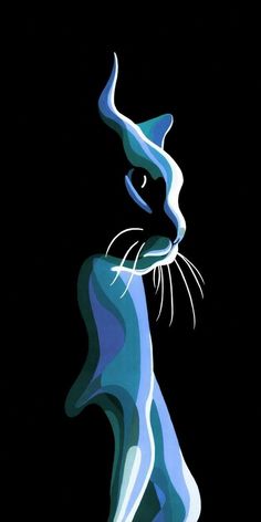 an abstract painting of a cat in blue and white on a black background with the words,