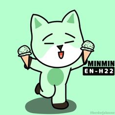 a cartoon cat holding an ice cream cone in one hand and the words mmmmn en - h2 on it