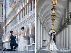 the bride and groom are posing for pictures in front of an ornately decorated building