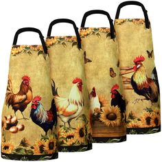 three bags with roosters and sunflowers on them, one has a black handle