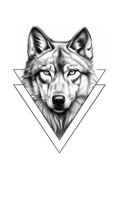 a black and white drawing of a wolf's face with an inverted triangle in the background