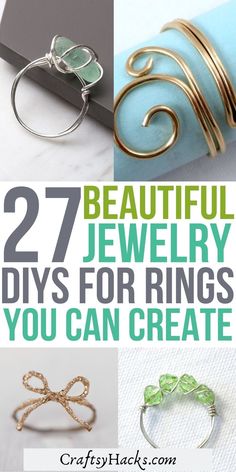 some jewelry items that are on display with the words, 27 beautiful jewelry diys for rings you can create