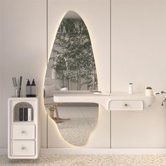 a bathroom with a mirror, sink and shelf on the wall next to it's door