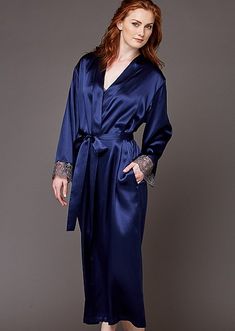 Le Soir Dream Silk Robe Dressing Gown Robe Blue, Luxury Blue Loungewear Dress, Luxury Modal Satin Night Dresses, Luxury Blue Dresses For Loungewear, Luxury Classic Daywear Robe, Luxury V-neck Formal Robe, Luxury Women's Robe For Loungewear, Luxury Satin Finish Robe For Women, Luxury Satin Finish Women's Robe