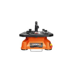 an orange table sawing machine sitting on top of a white background with the word work written