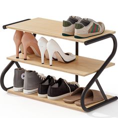 three tiered wooden shoe rack with four pairs of shoes on top and one pair of high heeled shoes below