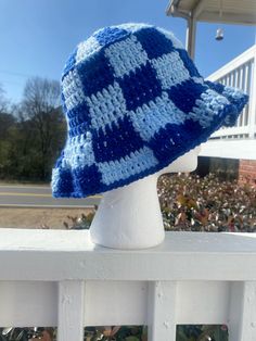 Bucket Hat Checkered, Checkered Bucket Hat, Checkered Crochet, Crochet Checkered, Crochet Bucket, Blue Checkered, Bucket Hat