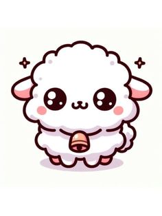 a cartoon sheep with big eyes and a bell around its neck, sitting on the ground