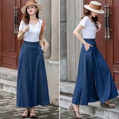 "Introducing our blue A-line high-waisted maxi skirt. This skirt is a timeless and versatile addition to your wardrobe. The A-line silhouette flatters every body shape, while the high-waisted design accentuates your waistline. Made from high-quality fabric, it offers a comfortable fit and effortless style. Whether you dress it up with a blouse and heels or go for a more casual look with a tucked-in t-shirt and sneakers, this skirt is perfect for any occasion. DETAILS: * Tencel blend * Two side pockets * Right zip closure * A litter Back elastic, comfortable wear * Plus size full skirt * Ankel length * Perfect for summer, autumn, spring * Dry clean MODEL SIZE Bust:85 cm(33.4\") Waist:67 cm(26.7\") Height 5'8\" (172cm) She wears size US 2 Choose CUSTOM Order if you * Need a better fit * Can' Non-stretch Maxi Skirt For Spring, Summer Maxi Dress With Relaxed Wide Leg Skirt, Summer A-line Maxi Dress With Pleated Skirt, Solid Color A-line Maxi Skirt For Summer, Summer A-line Non-stretch Maxi Skirt, Non-stretch A-line Maxi Skirt For Summer, Summer A-line Maxi Skirt With Pockets, Relaxed Wide Leg Maxi Dress For Spring, Spring Maxi Dress With Relaxed Skirt And Wide Leg