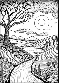 a black and white drawing of a road leading to a tree with the sun in the background