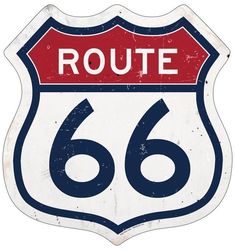 a red white and blue sign that says route 66