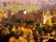 an old castle surrounded by trees in the fall time with colorful foliage on the hillside