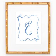 the letter e is drawn in blue ink on white paper with bamboo frame and border