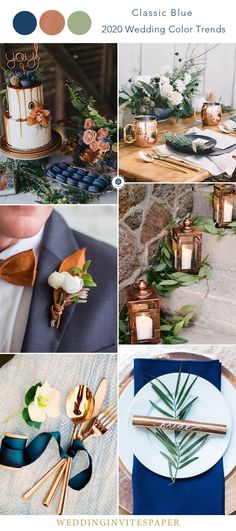 the wedding color palette is blue, green, and gold with greenery on it