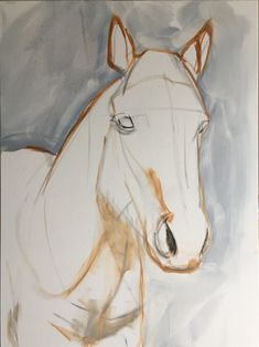 a painting of a white horse with brown manes and black eyes, on a gray background