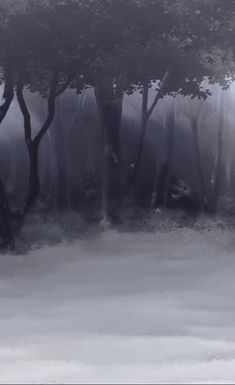 an animal standing in the middle of a forest on a foggy day with trees